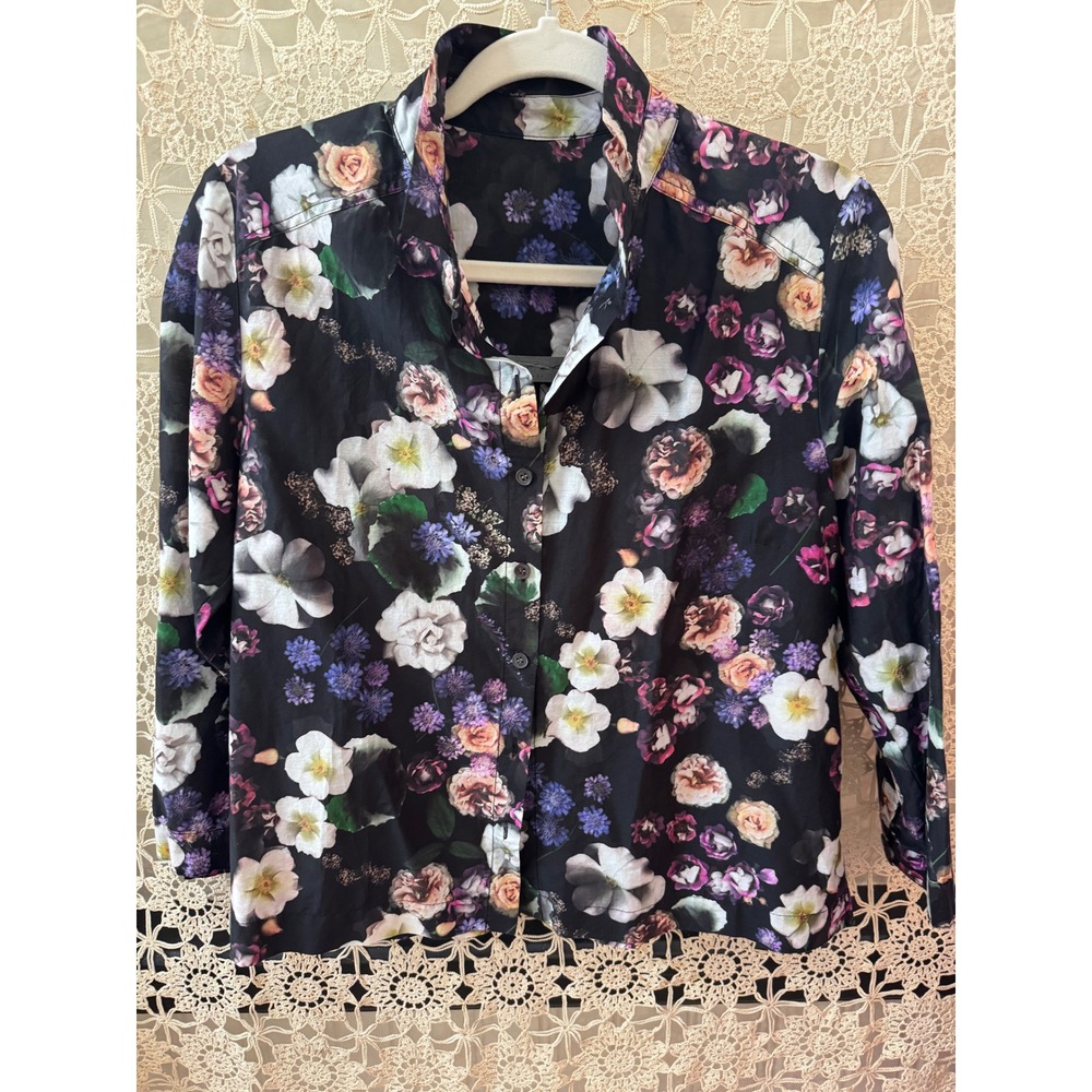 Black Floral Print Long Sleeve Button Up Shirt‎ Blouse Women's Top Sz S